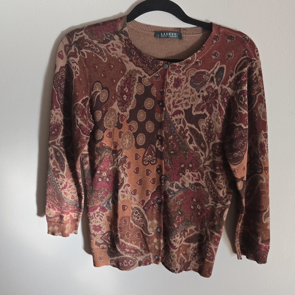 Lauren Ralph Lauren Women's Vintage Silk Blend Paisley Pattern Cardigan Size S